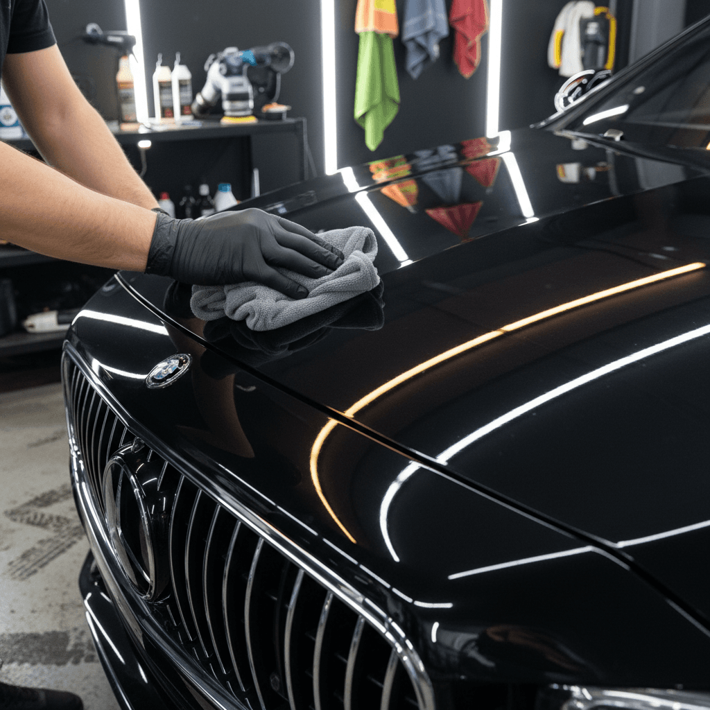 Detailer polishing car hood with microfiber cloth