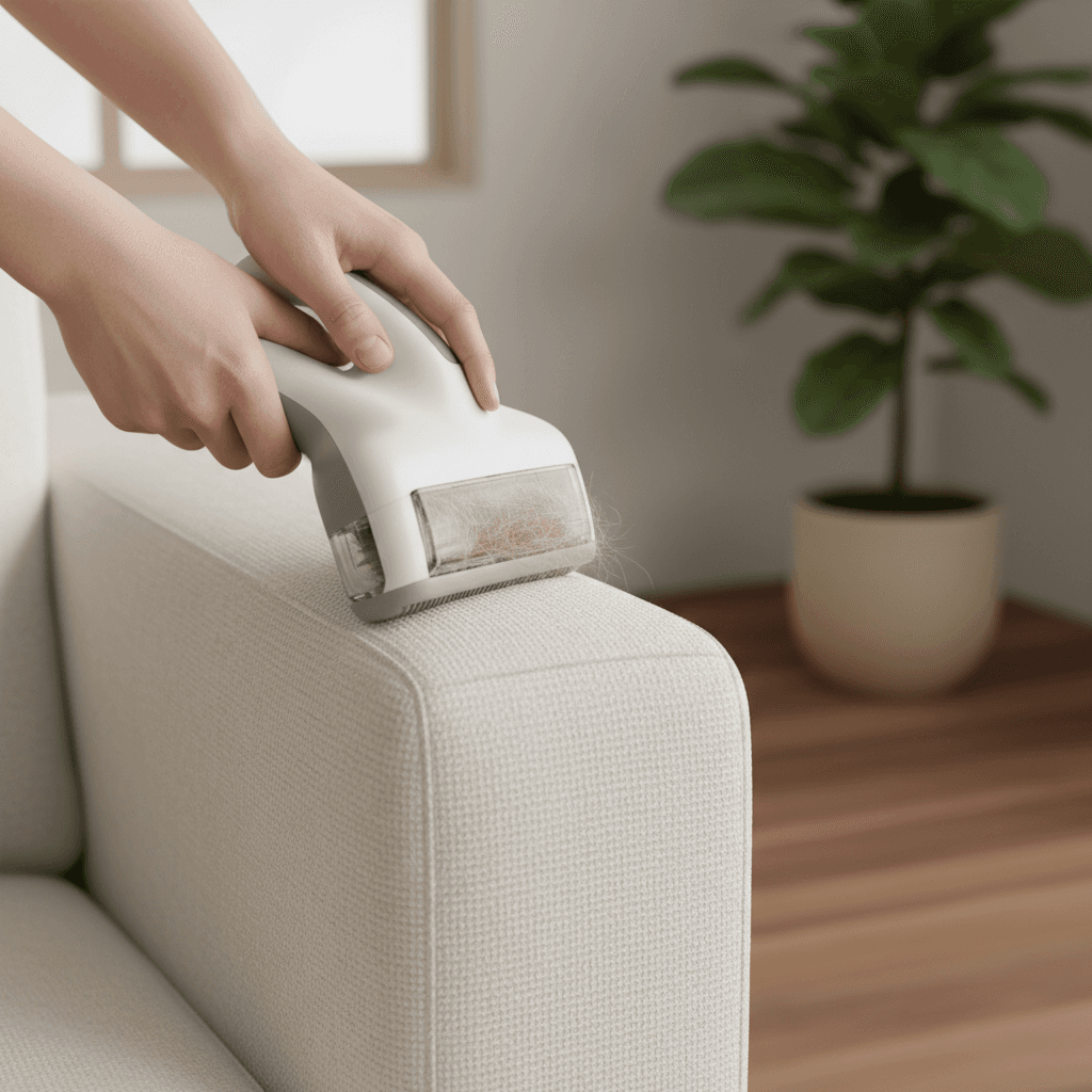 Pet hair removal tool being used on vehicle interior upholstery