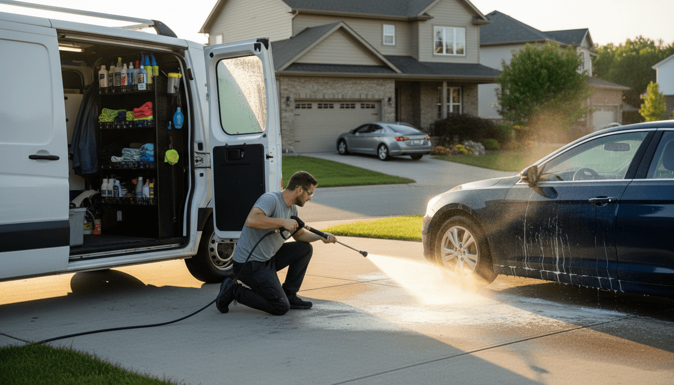 Mobile detailing service being performed on customer vehicle in driveway