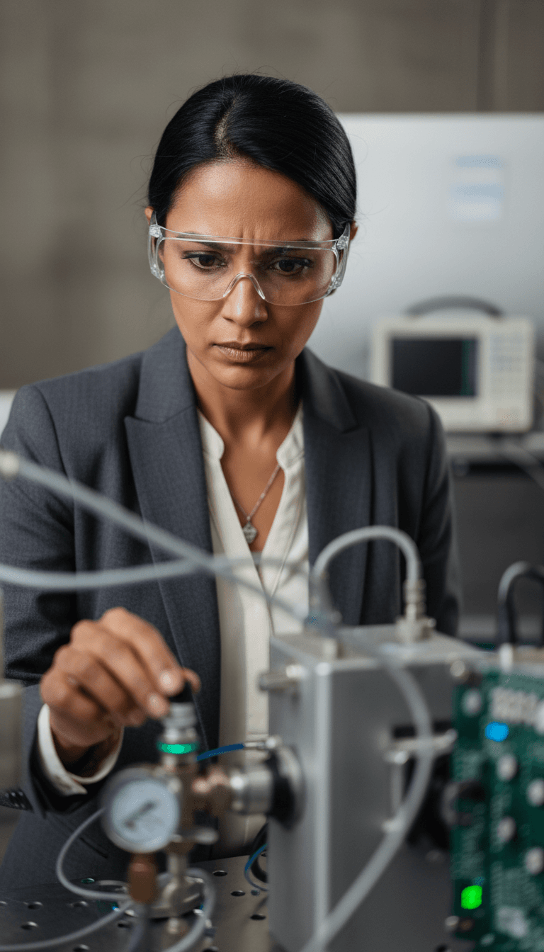 Female engineer wearing safety glasses in industrial testing facility, focused on technical work