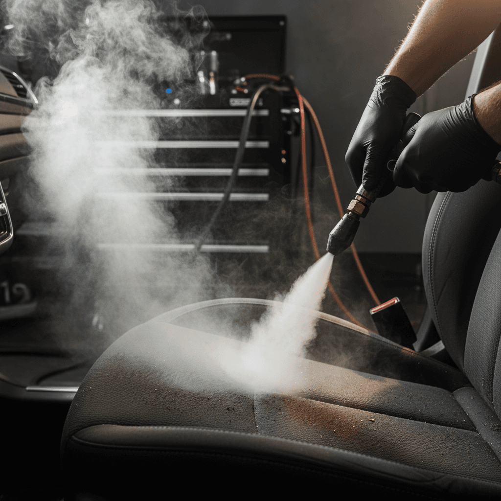 Detailer using steam cleaner on vehicle interior seating