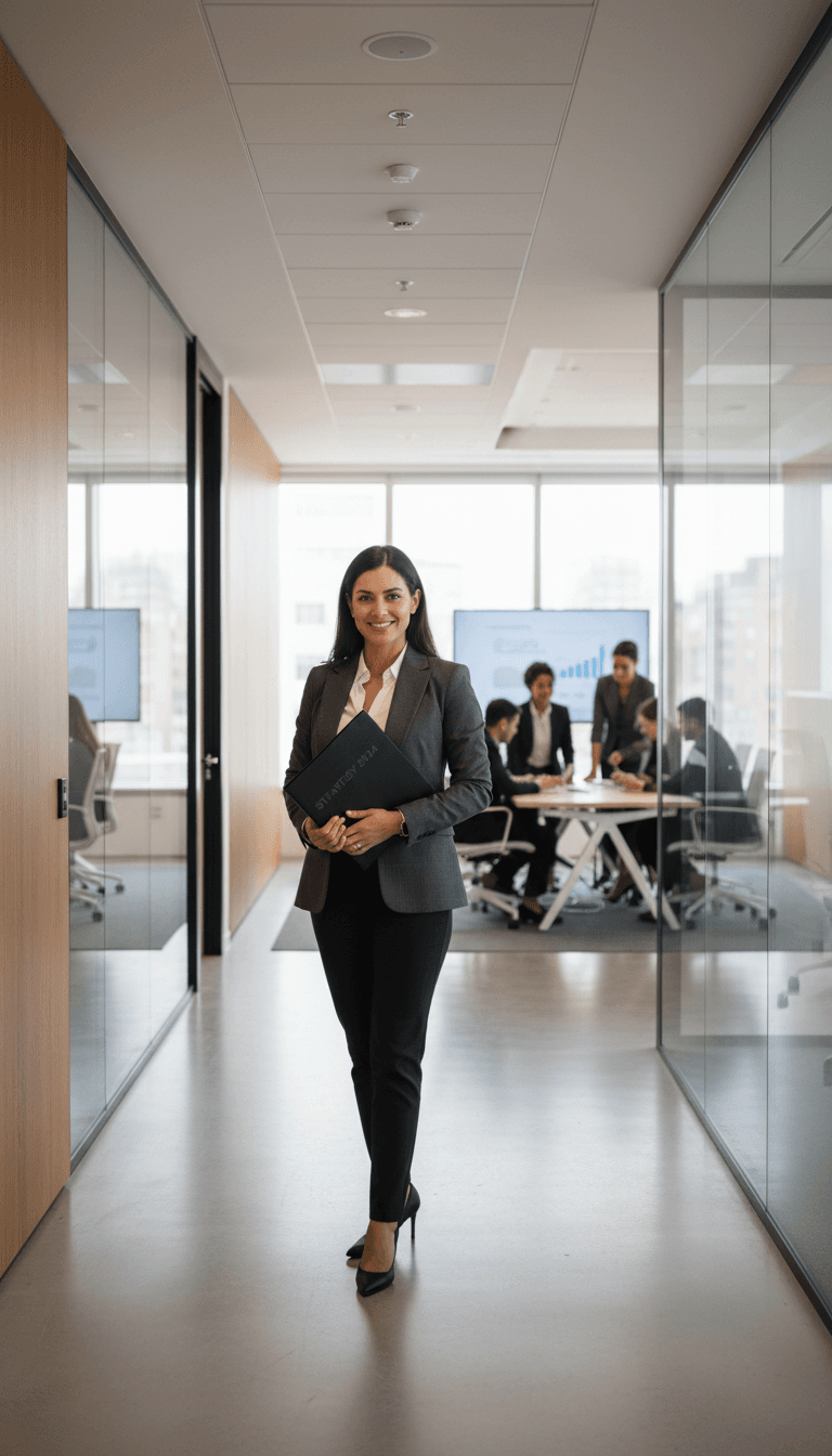 Professional female technology consultant standing confidently in modern glass-walled office with strategic planning documents