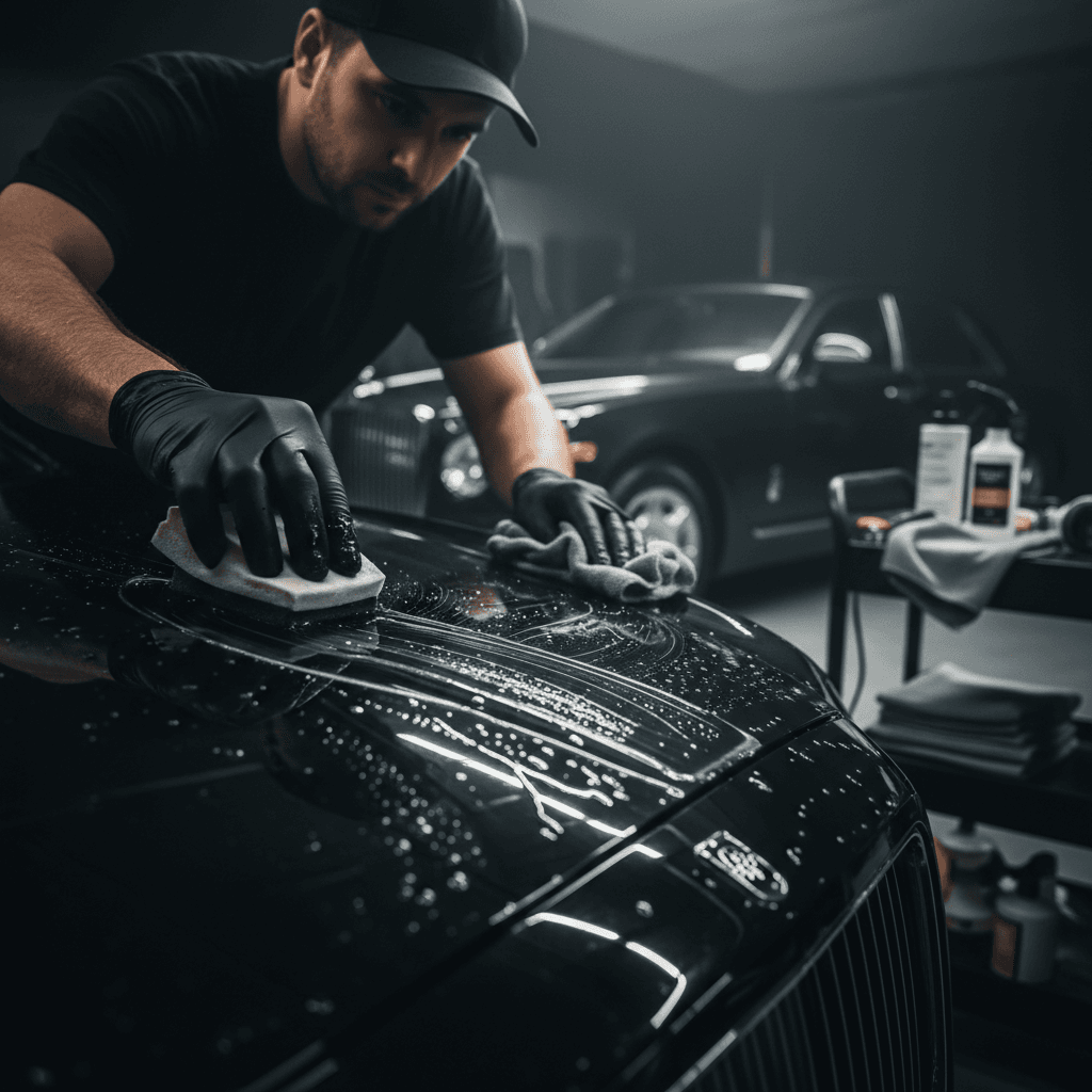 Detailer's hands applying ceramic coating to vehicle hood with dramatic luxury garage lighting and glossy finish