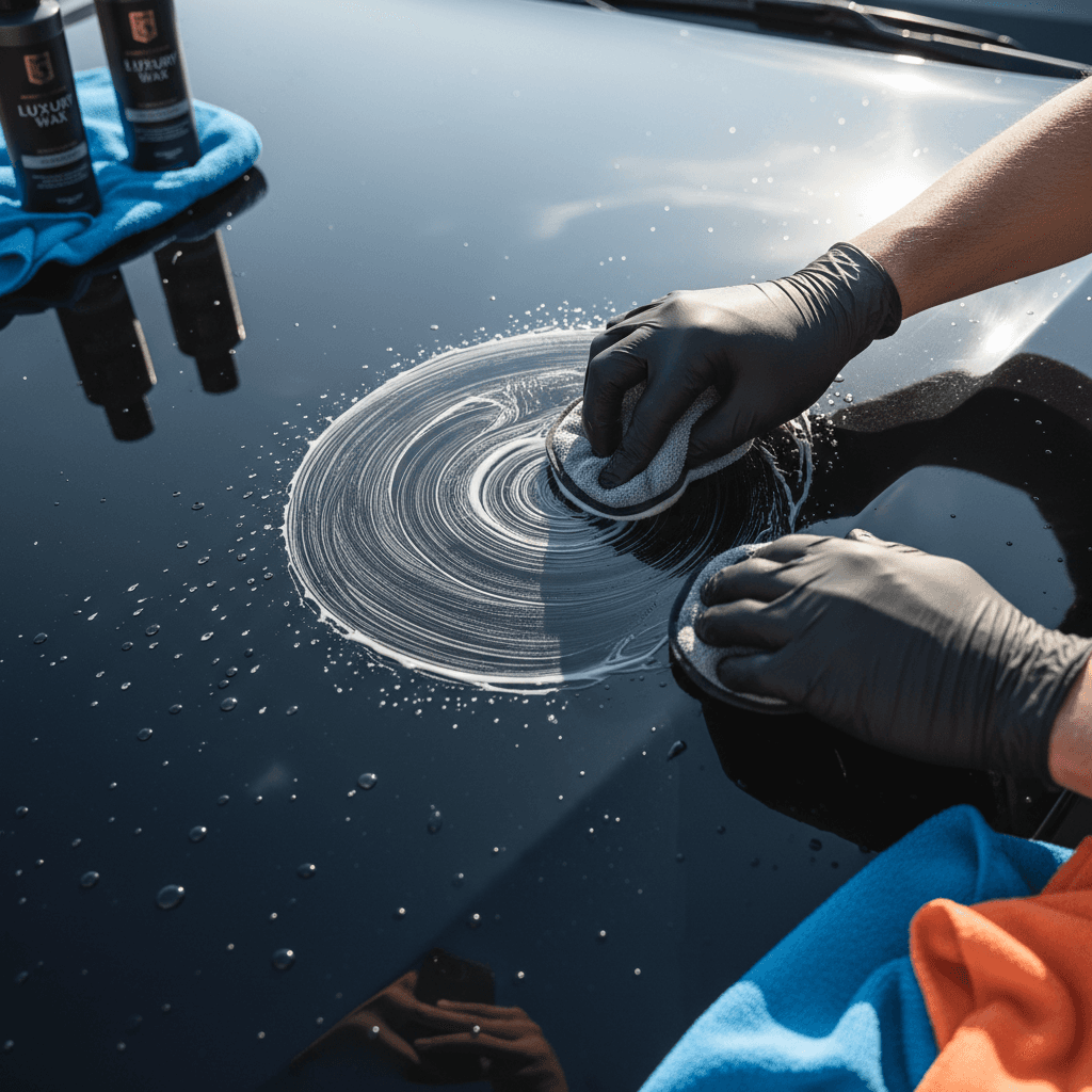 Detailer applying spray wax protection to vehicle hood